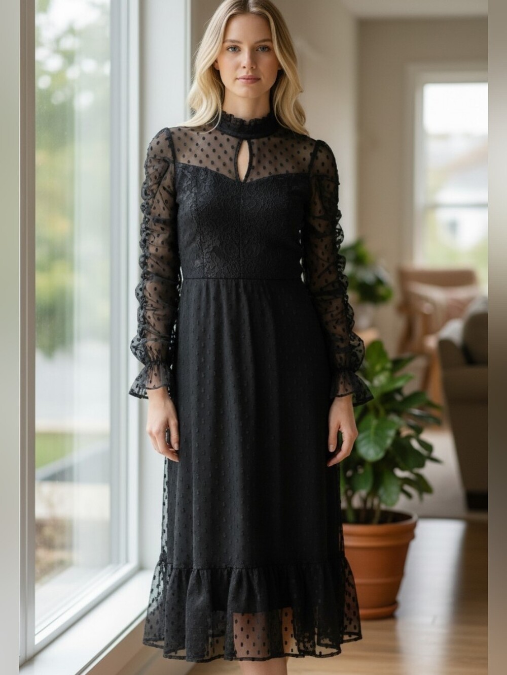 Betsey Johnson Black Dot Mesh/Lace High Neck Midi Dress Sz.0